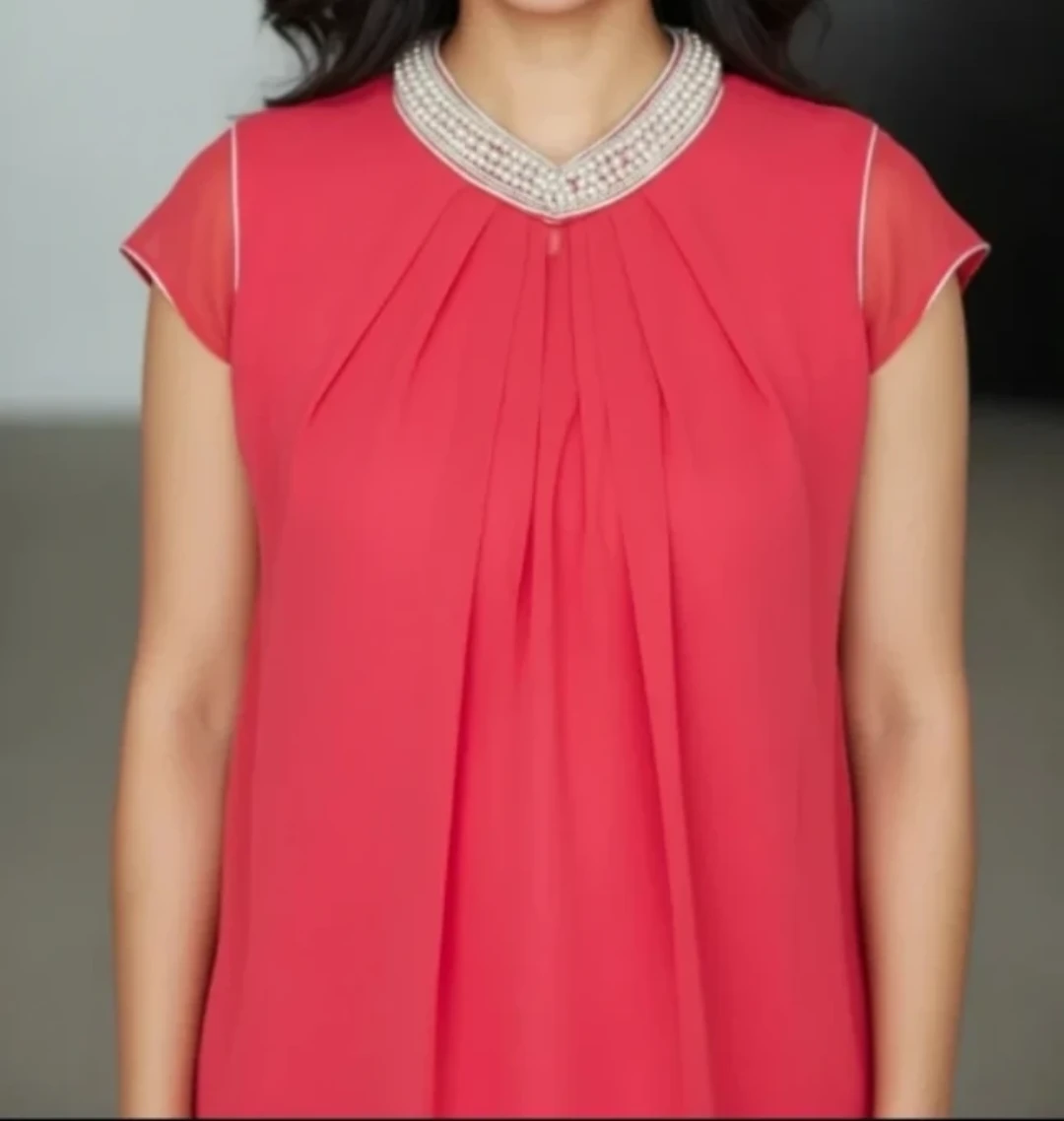 Coral Red Top with beaded neckline
