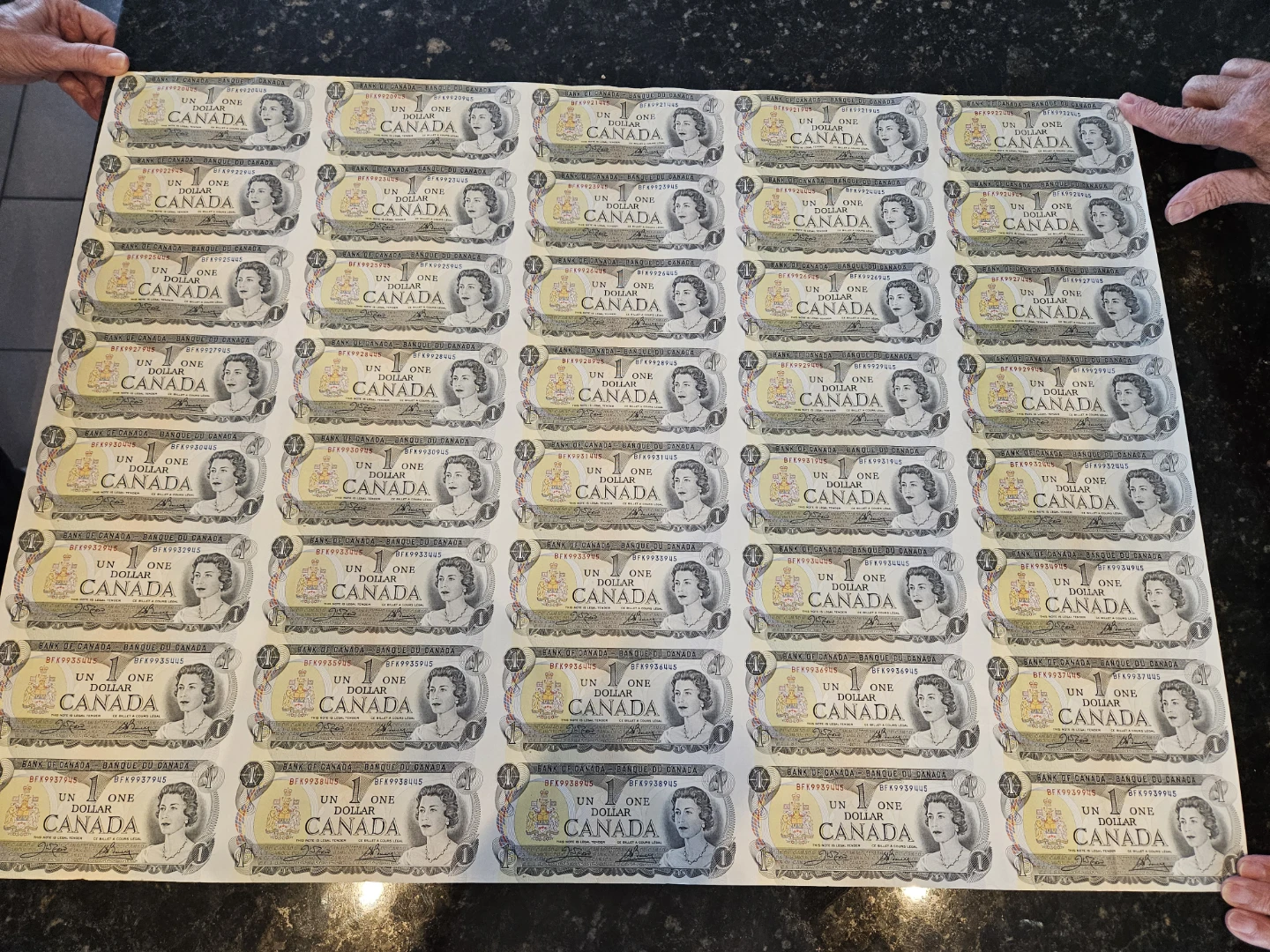 1973 Sheet of 40 Canadian One Dollar Bills