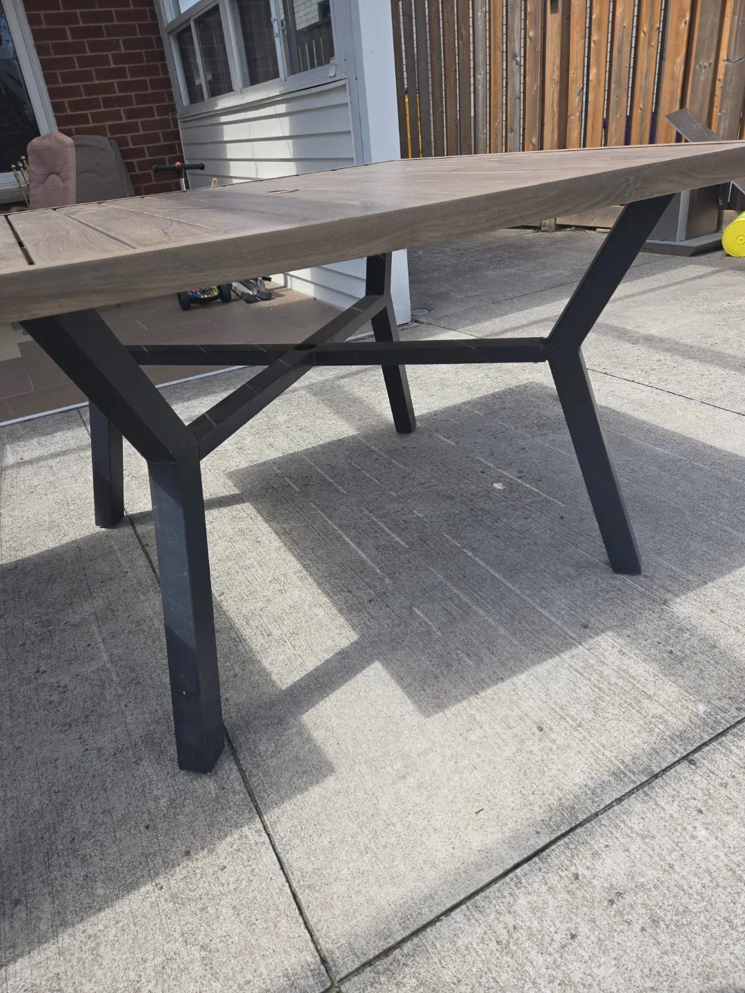 Light brown woodgrain finish Metal Slat Outdoor Dining Tables - photo 2