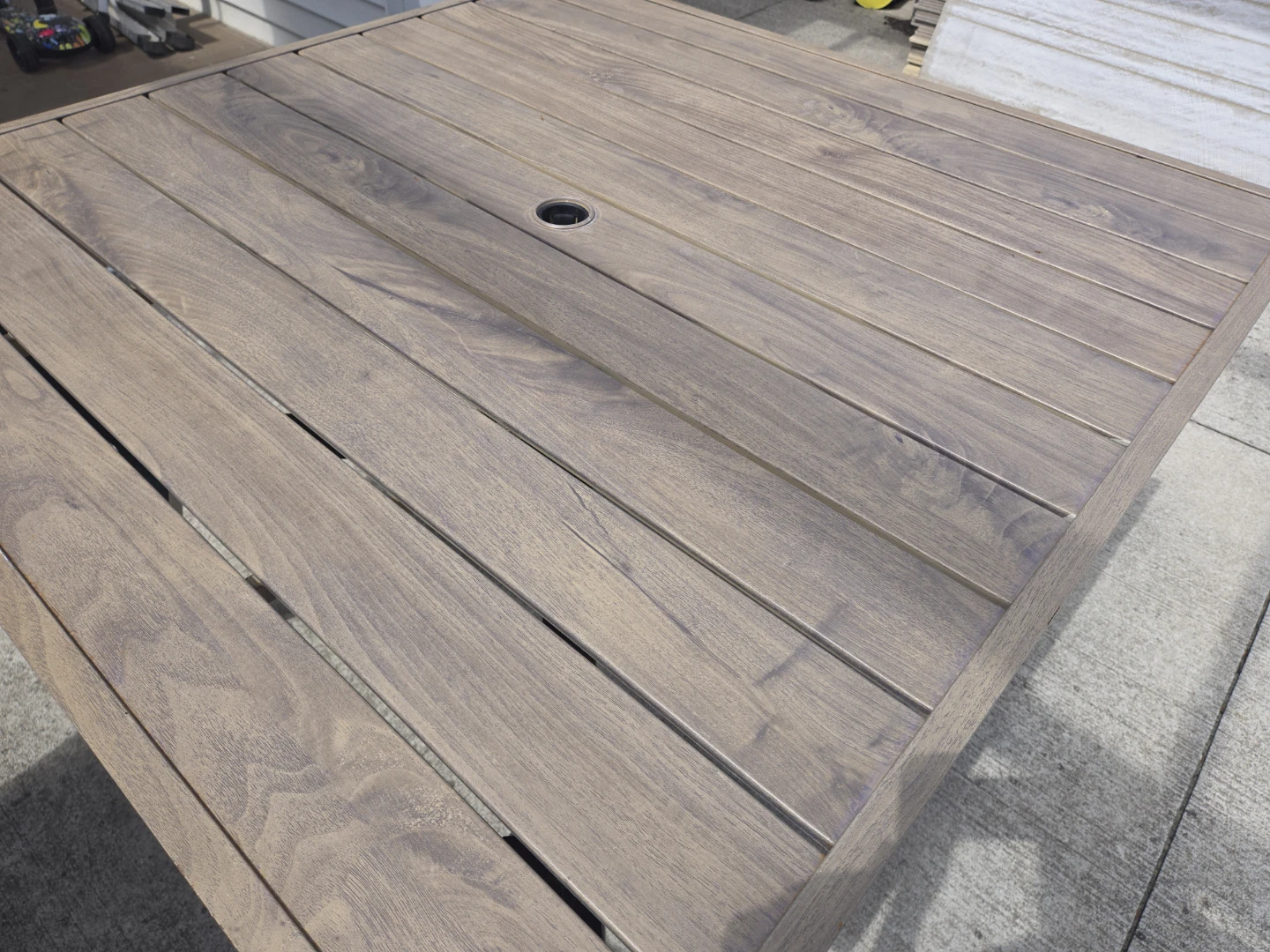 Light brown woodgrain finish Metal Slat Outdoor Dining Tables - photo 3