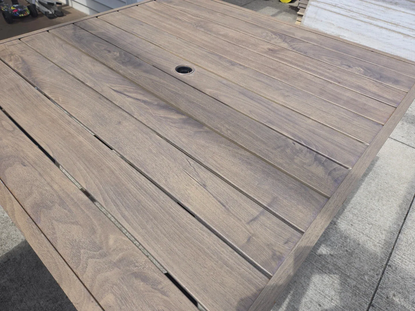 Light brown woodgrain finish Metal Slat Outdoor Dining Tables - photo 3