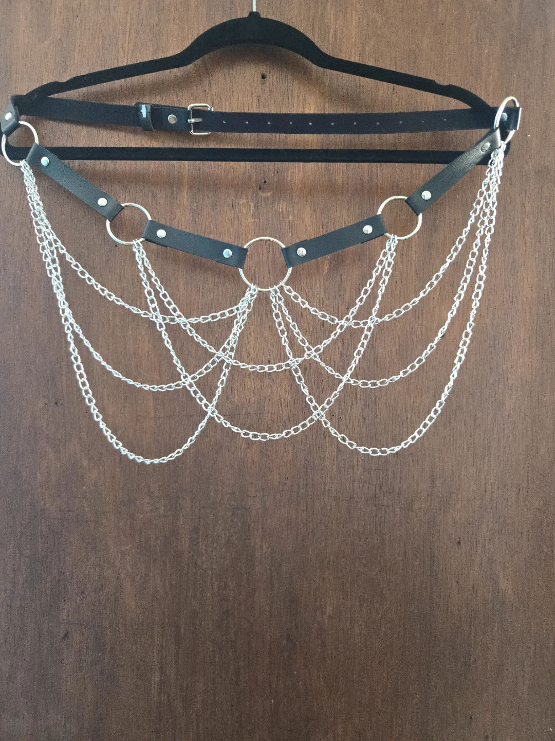 Black Faux Leather Harness with Silver Chains