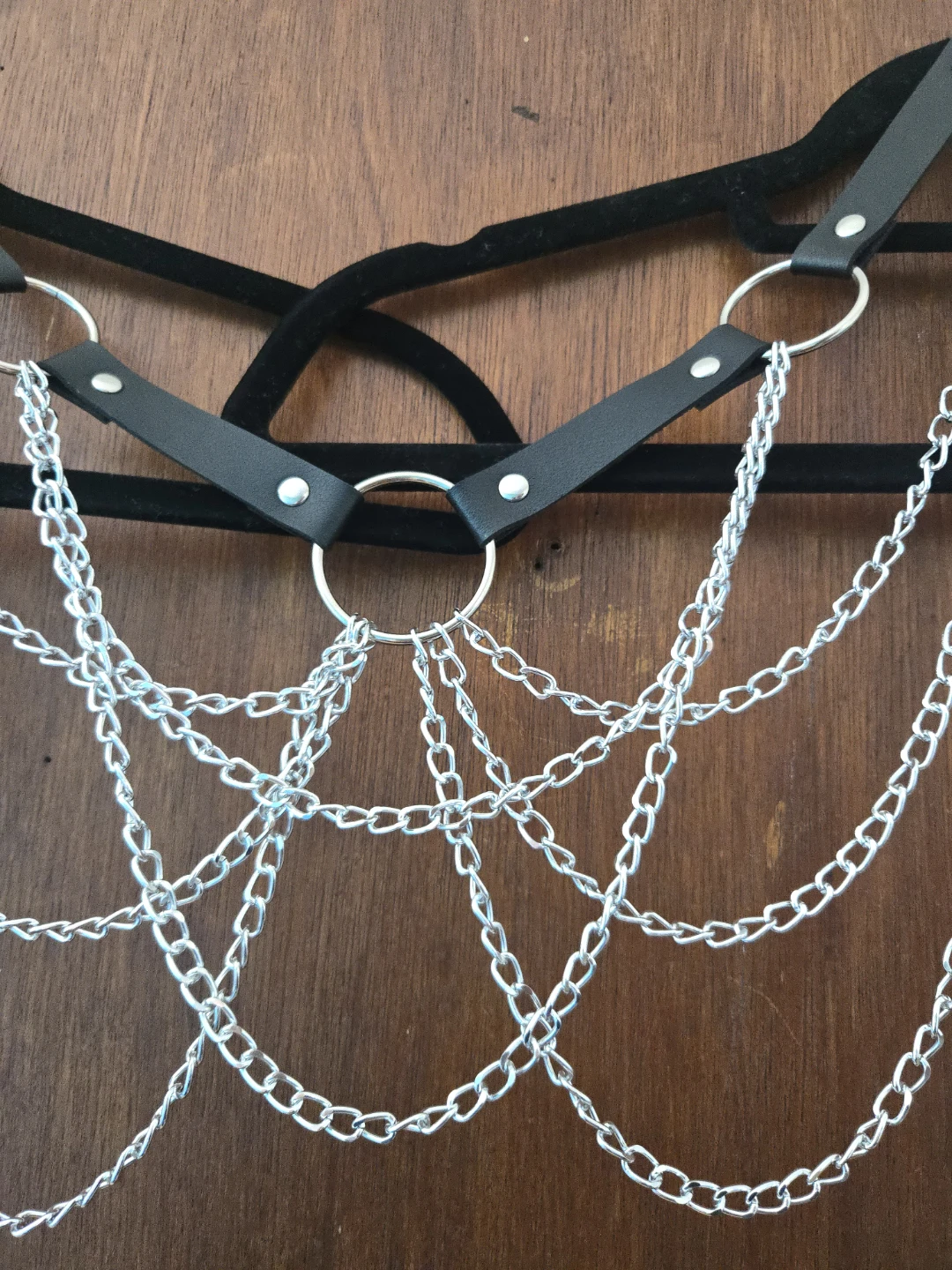 Black Faux Leather Harness with Silver Chains - photo 2