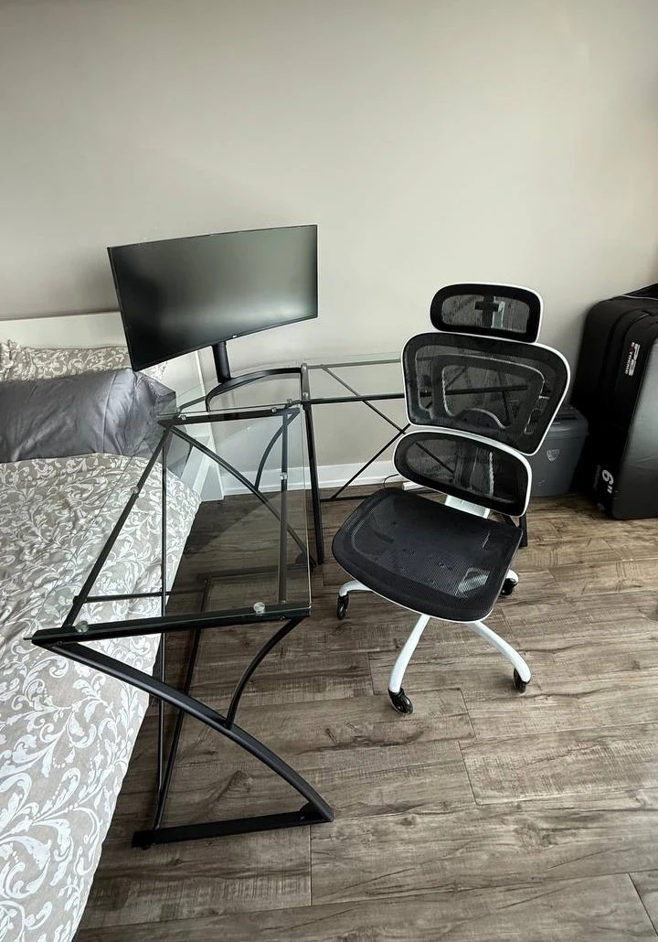 L-Shape Glass Desk + Ergonomic Office Chair