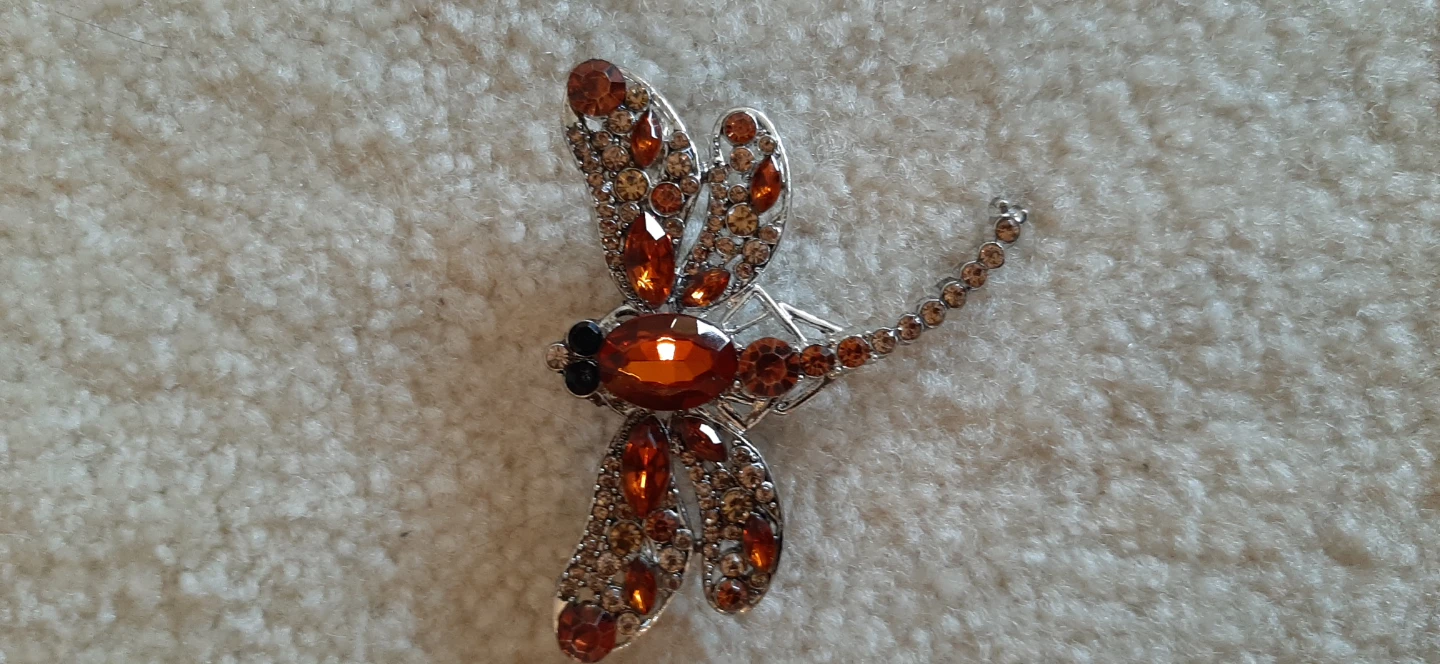 Dragonfly Brooch with Amber and Brown Rhinestones