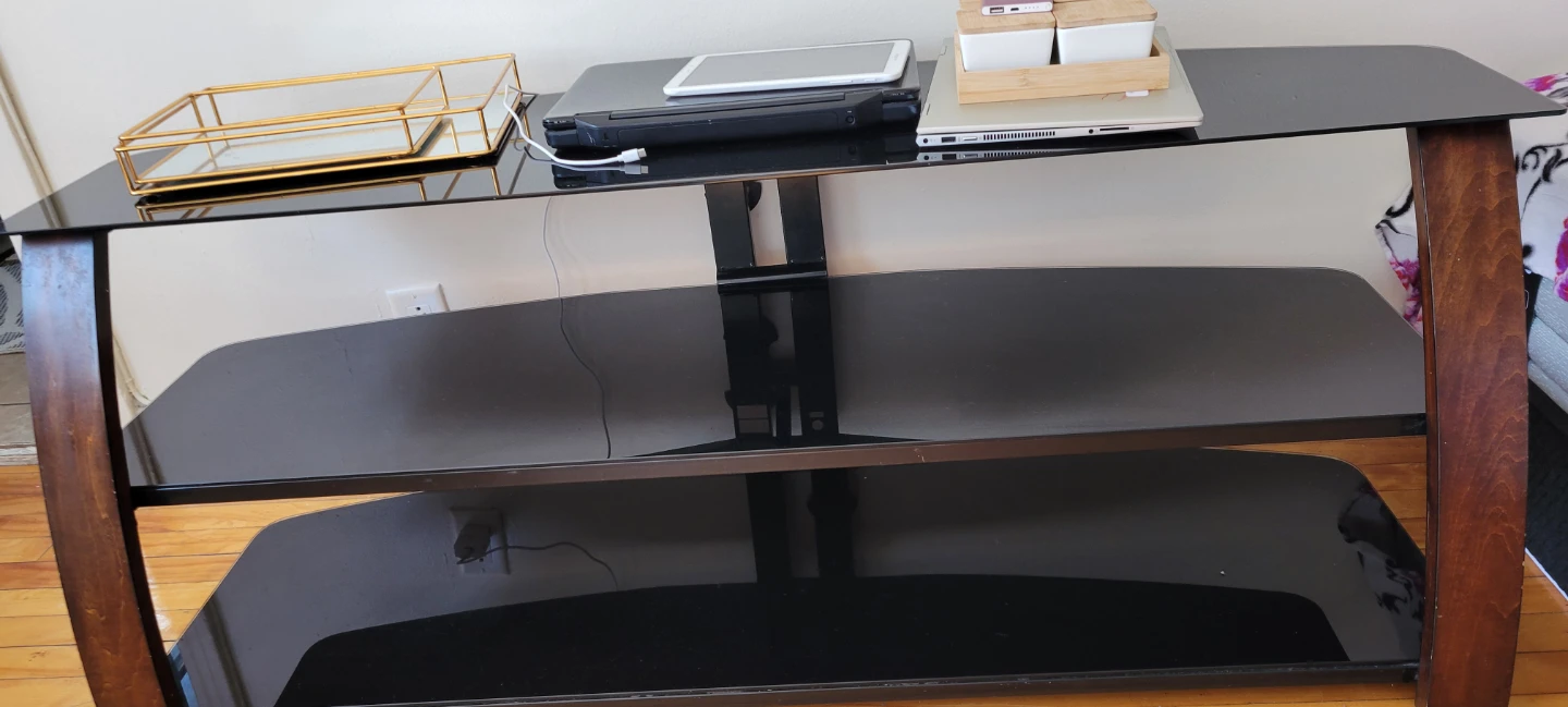 Meuble télé 3 tablettes verre noir et bois