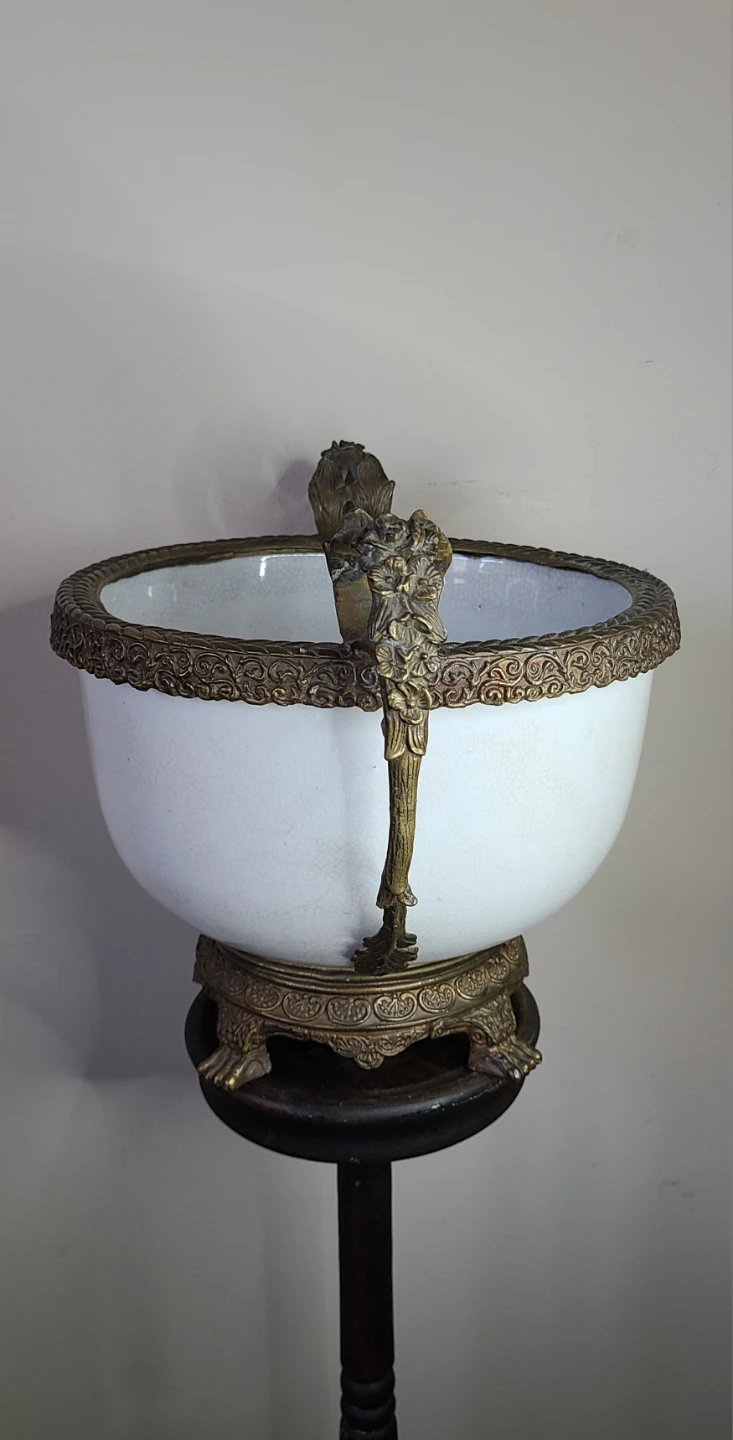 Vintage Centerpiece Bowl Cracked Glaze & Bronze - photo 3