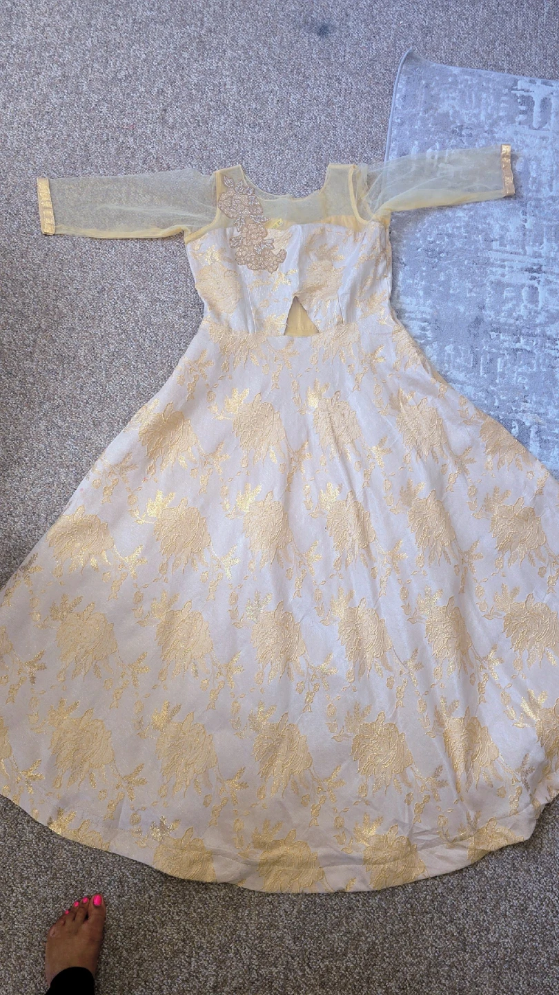 Gold Floral Dress with Sheer Sleeves Size Large