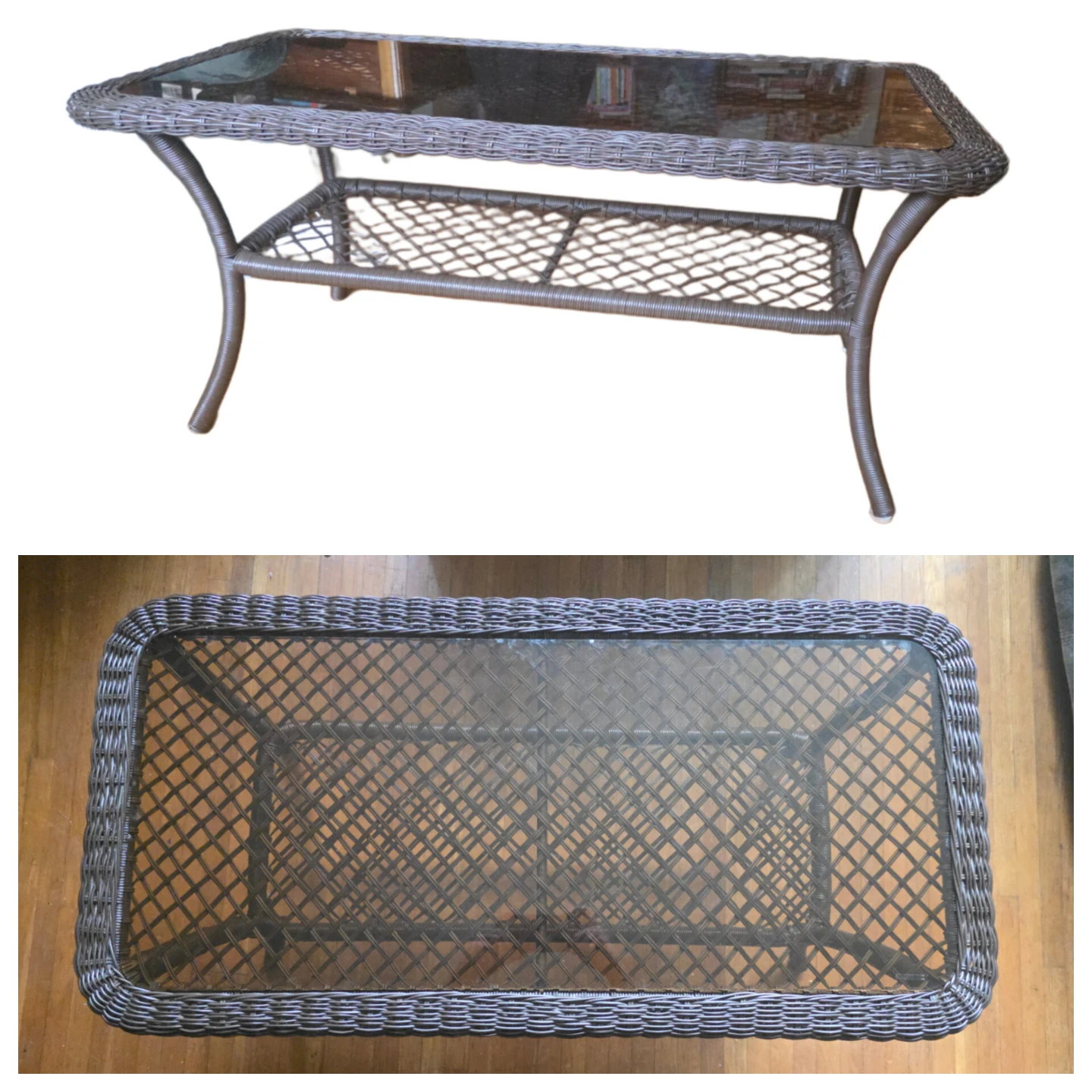 Wicker and Glass Outdoor Coffee Table with Lower Shelf