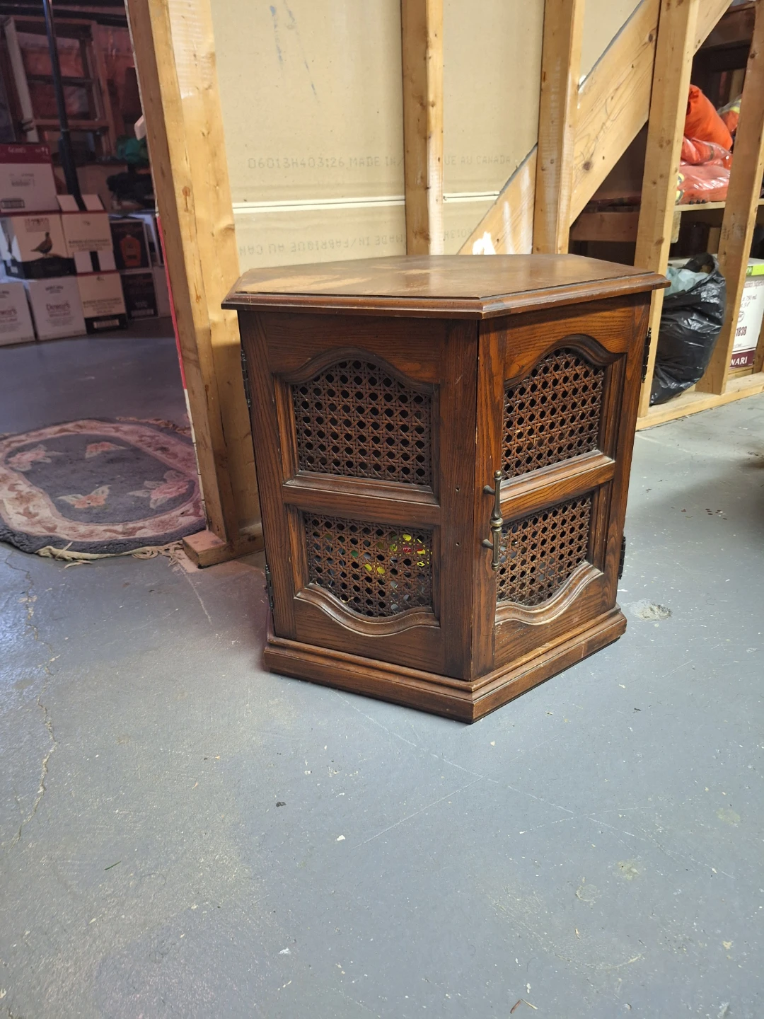 Vintage Hexagonal Wood & Cane Accent Table