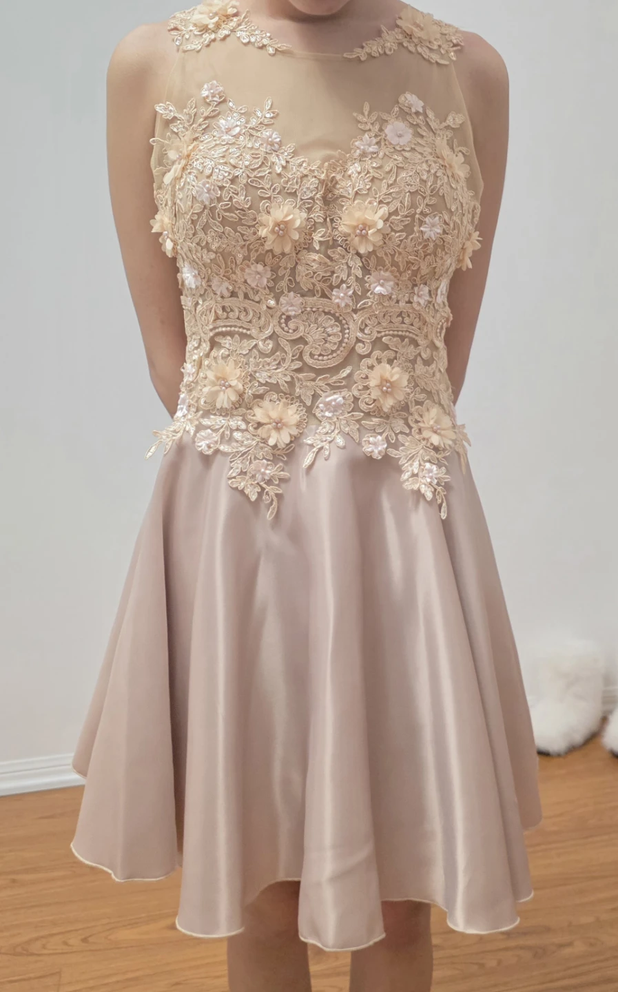 Beige Lace & Satin Party Dress