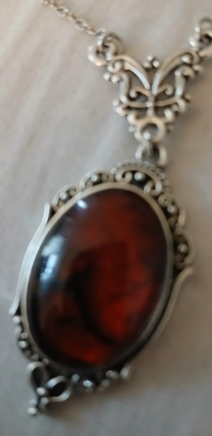 Silver Tone Pendant Necklace with Amber Stone and earrings - photo 4