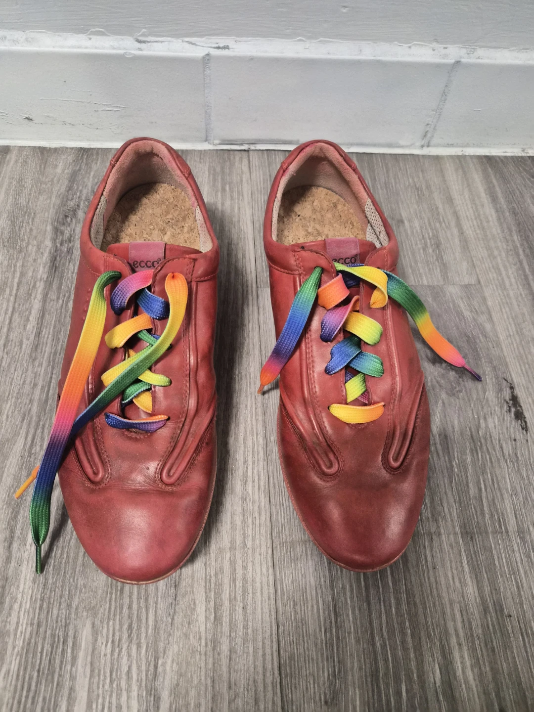 ECCO Red Leather Shoes with Rainbow Laces