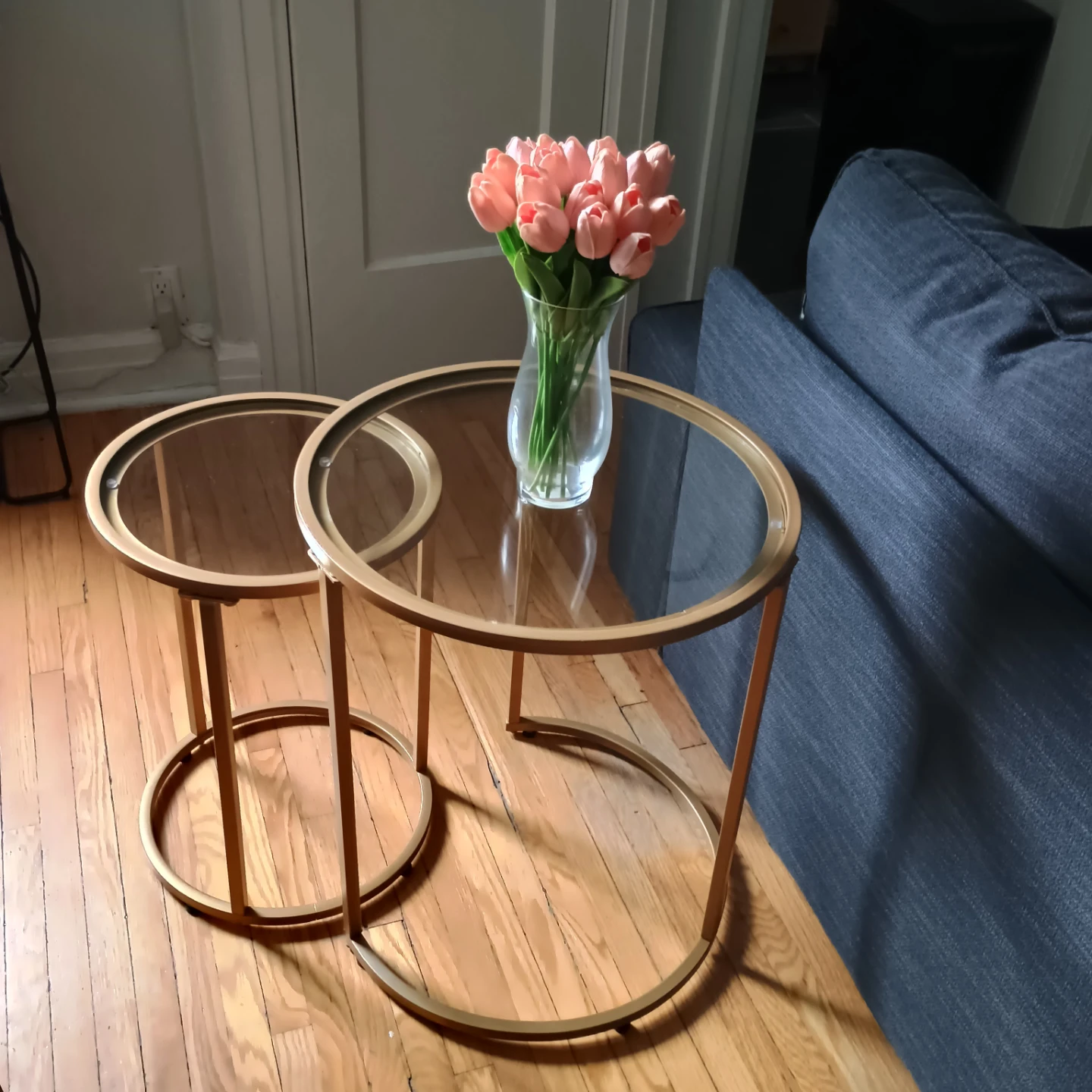 Set of 2 Nesting Side Tables - Gold Metal and Glass