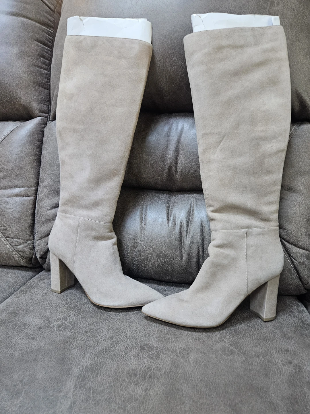 Tan Suede Block Heel Knee-High Boots