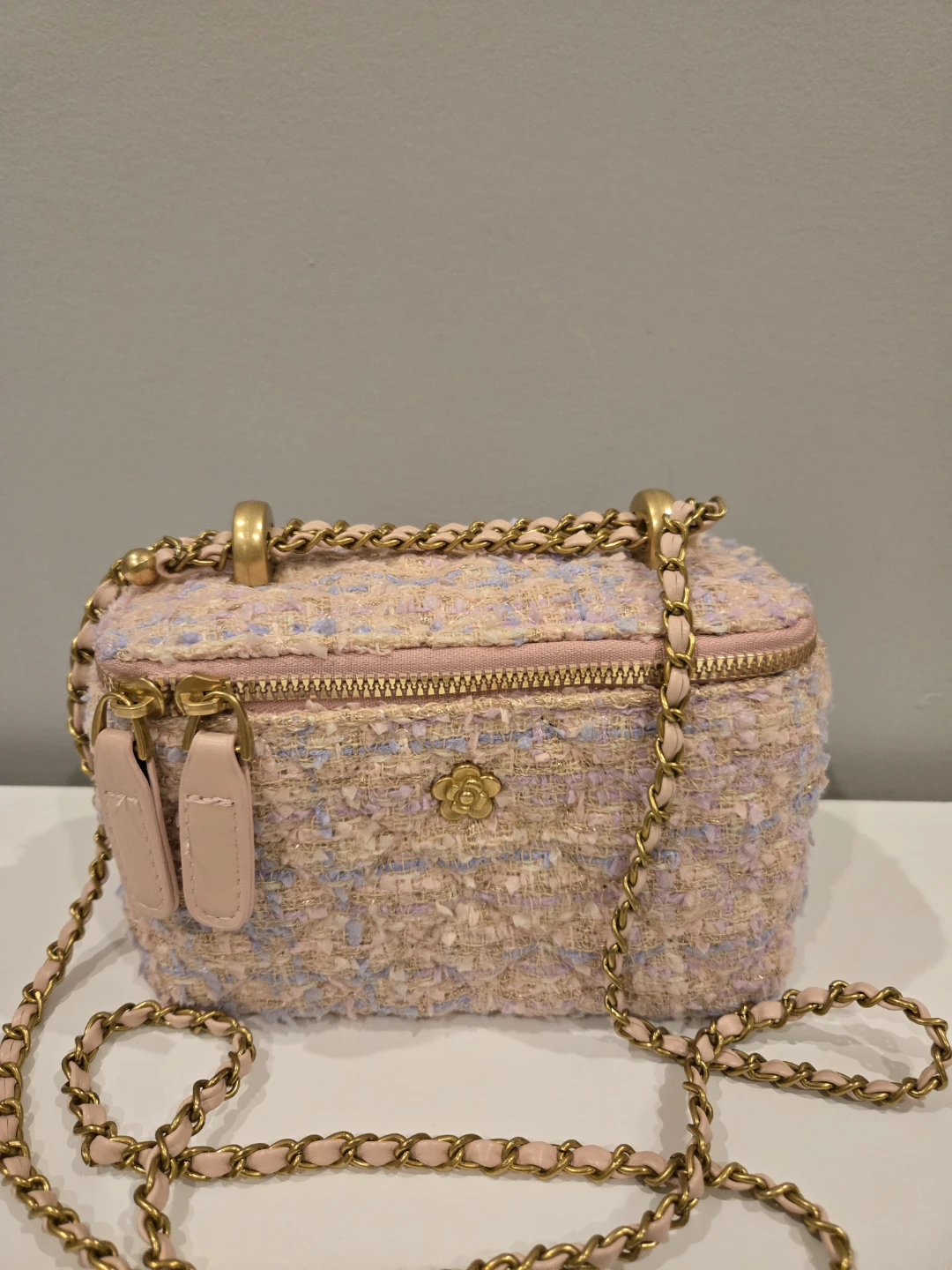 Pink Tweed Vanity Case Bag with Gold Chain