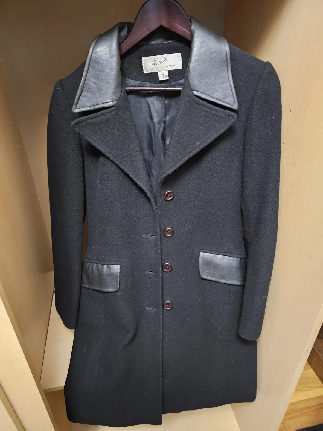 Trends Women's Black Wool Blend Coat with Leather Accents