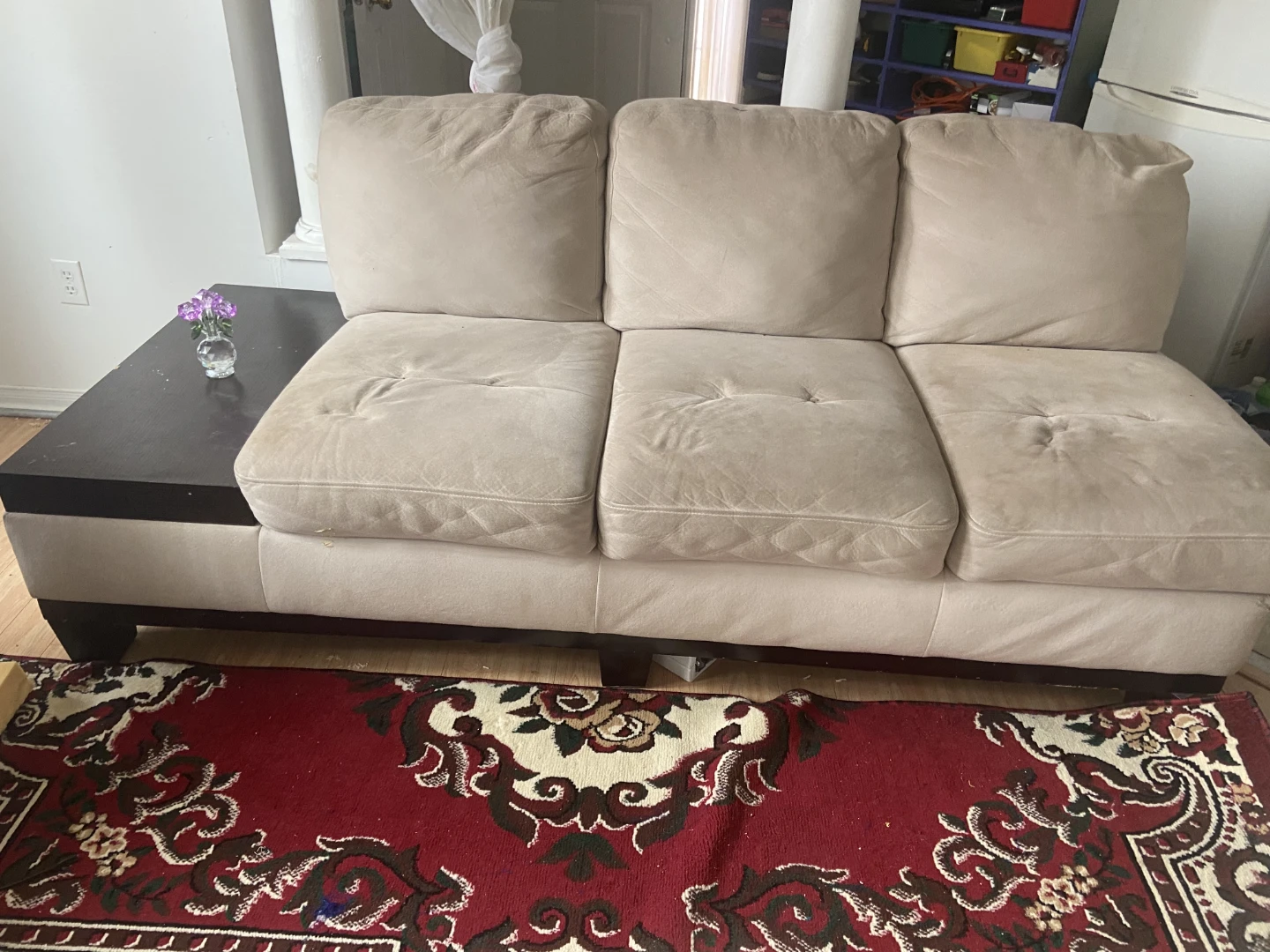 Tan Fabric 3-Seater Sofa with Attached Coffee Table