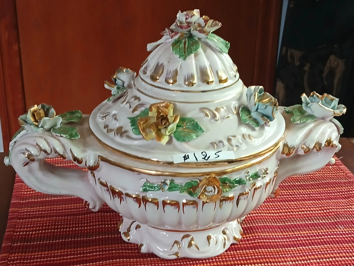 Vintage Ceramic Covered Tureen with Floral Accents
