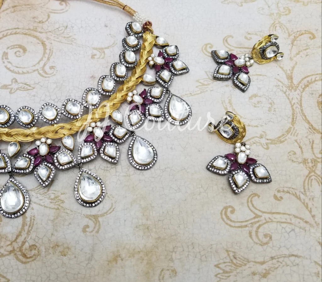 Statement Necklace and Earring Set with White and Red Stones