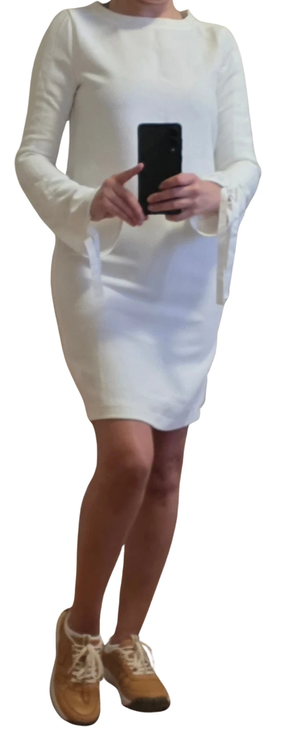 White long-sleeve mini dress with tie cuffs