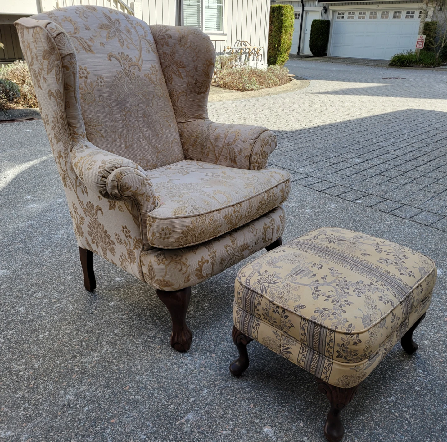 Vintage Chippendale-Style Wingback Chair & Matching Ottoman.