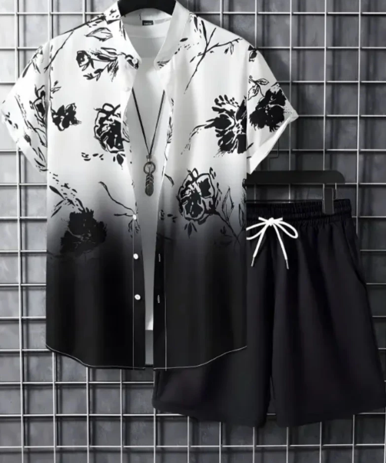 Men's Floral Print Short Sleeve Shirt and Shorts Set