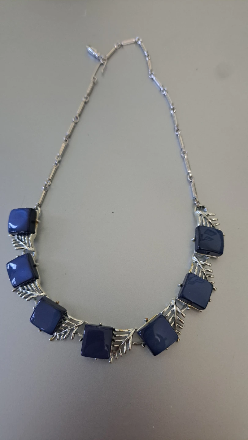Silver Tone Necklace with Blue Square Insets