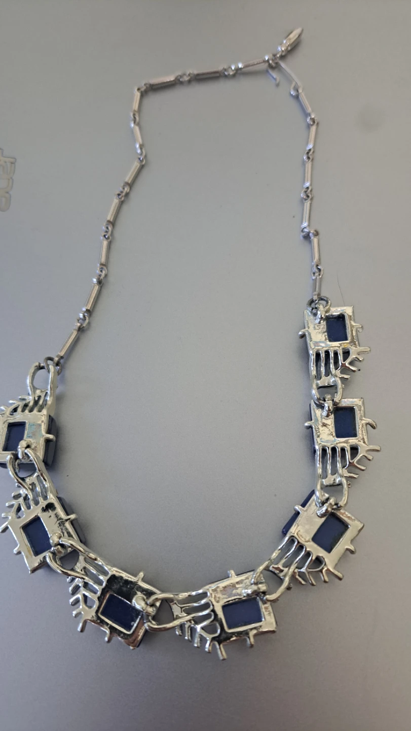 Silver Tone Necklace with Blue Square Insets - photo 4