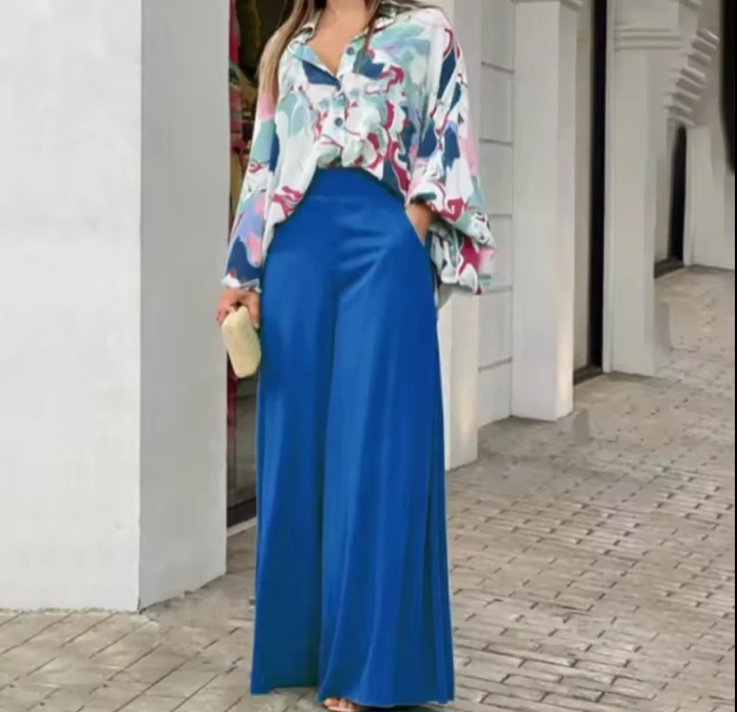 Women's Printed Long Sleeve Shirt and Wide Leg Pants Set - photo 2