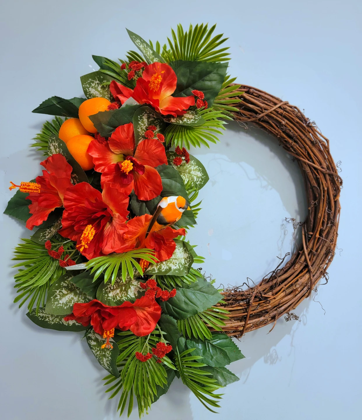 Tropical Wreath with Hibiscus, Oranges, and Bird