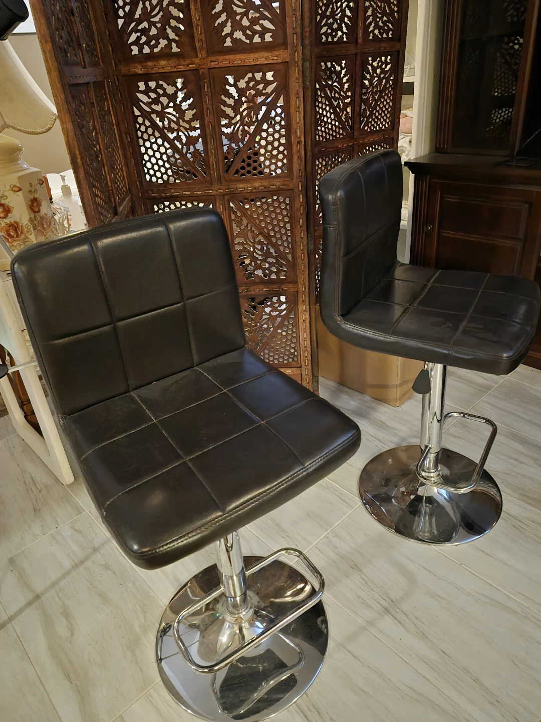 Black Faux Leather Swivel Bar Stools (Set of 2)