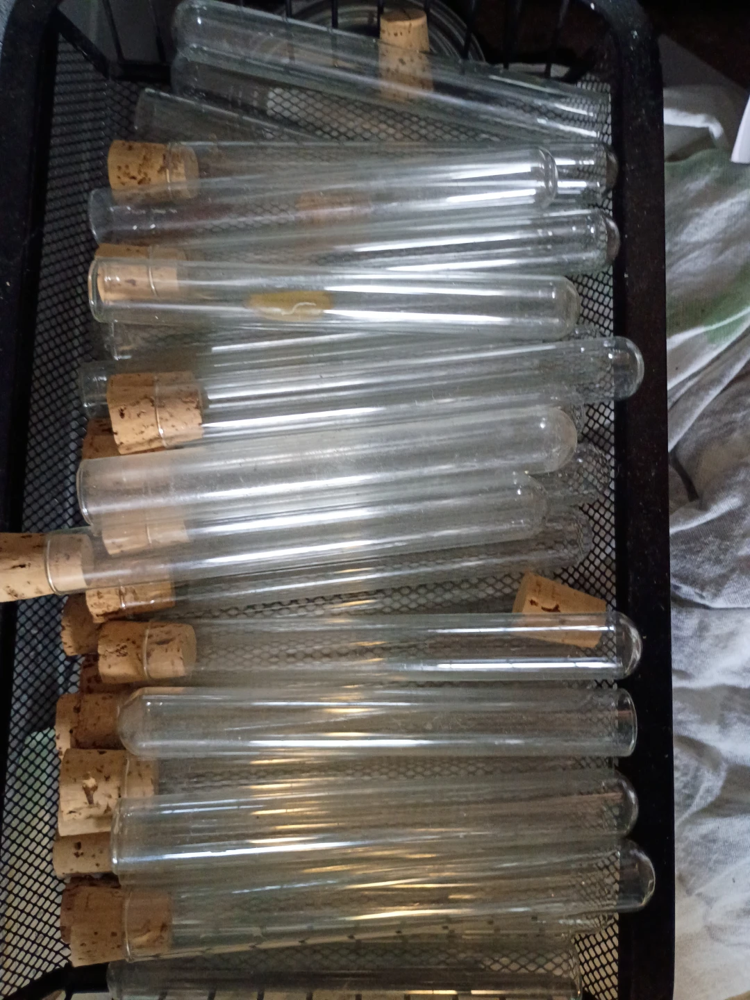 Glass Test Tubes with Corks (Set of 30) + Black metal basket