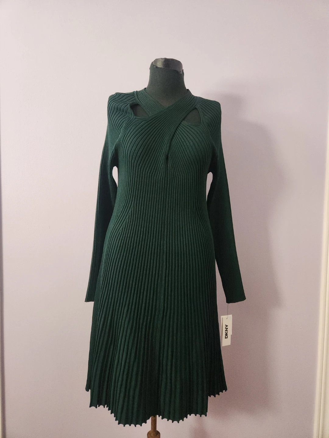 DKNY Green Ribbed Knit Dress with Cutout Detail - Size XL