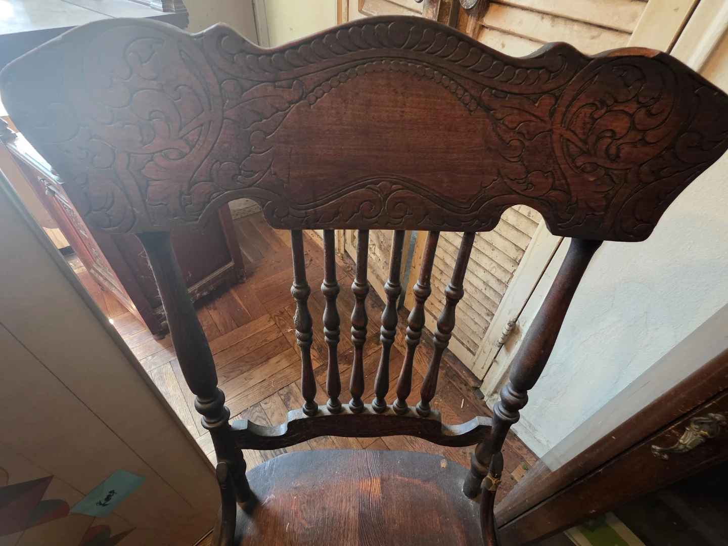 Antique Wooden Dining Chair with Carved Back - photo 2