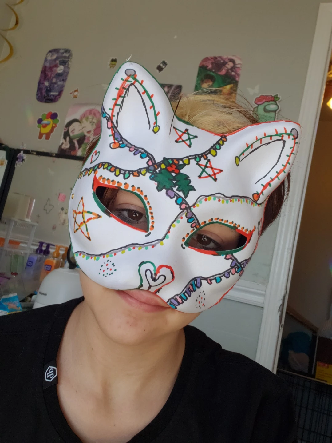 Hand-Painted Cat Mask with Festive Design - photo 5