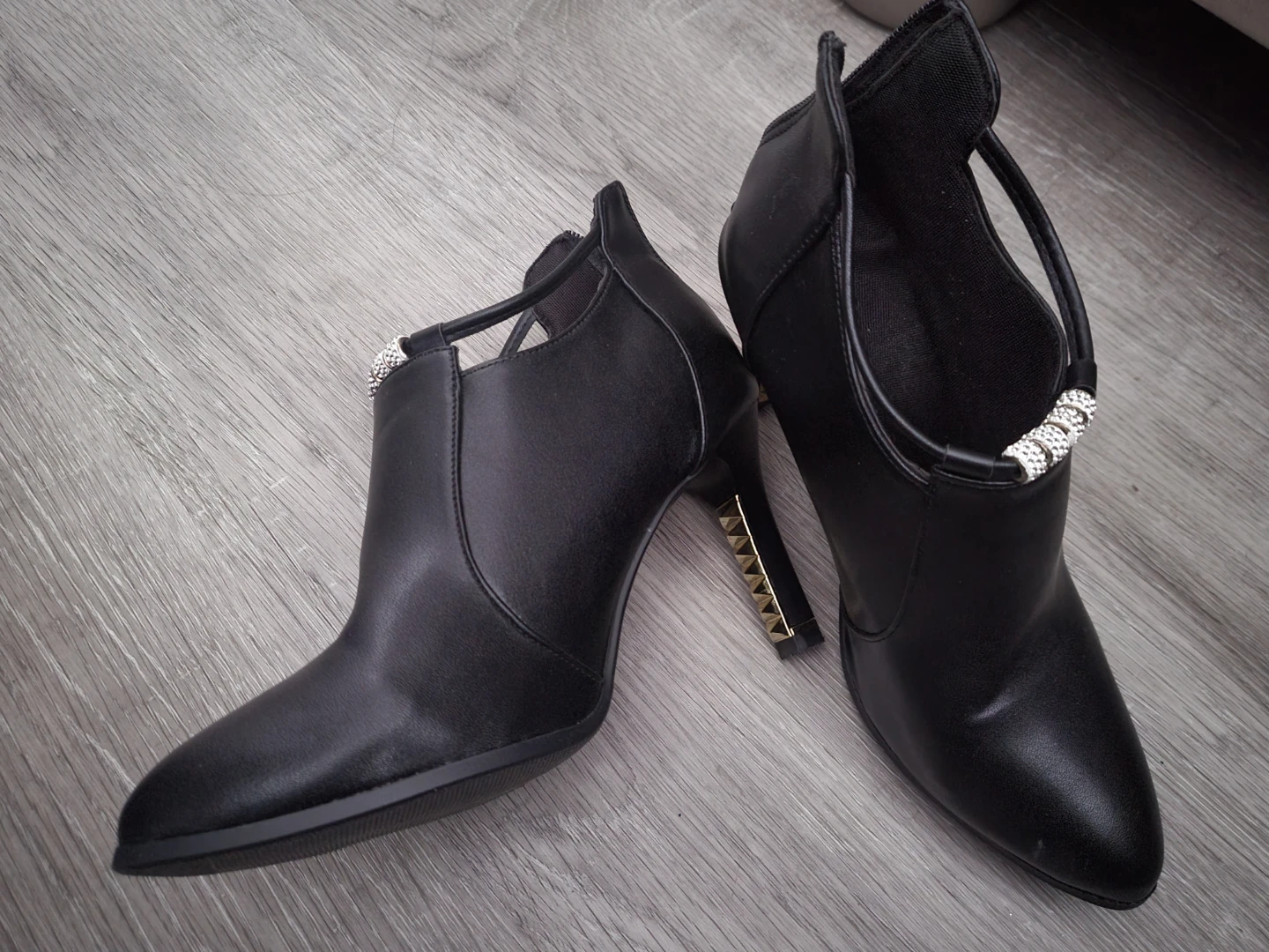 Black Ankle Boots with Embellished Heel