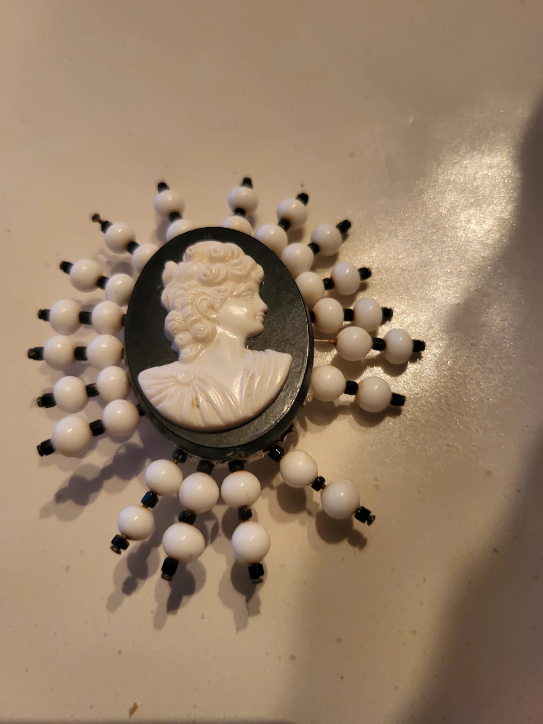 Vintage Cameo Brooch with White and Black Beads