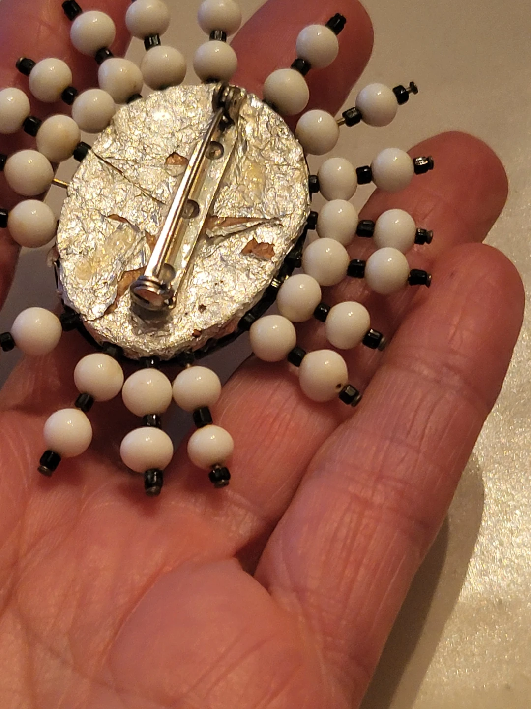 Vintage Cameo Brooch with White and Black Beads - photo 3
