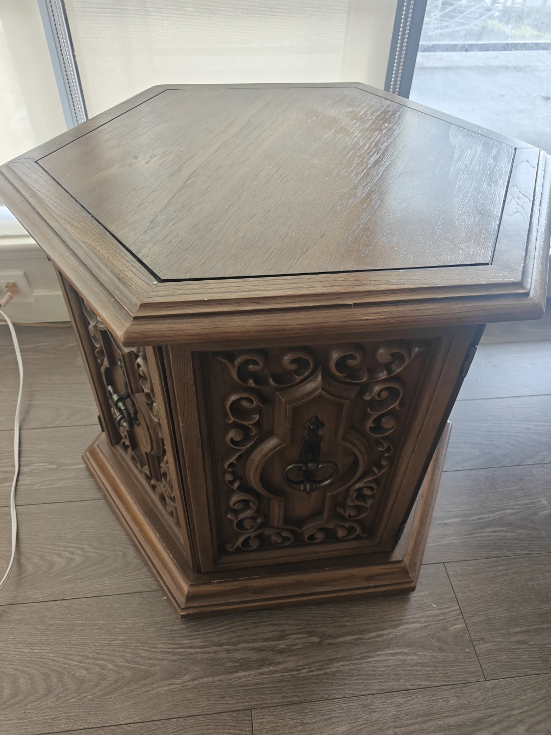 Vintage Hexagonal Side Table with Ornate Carvings