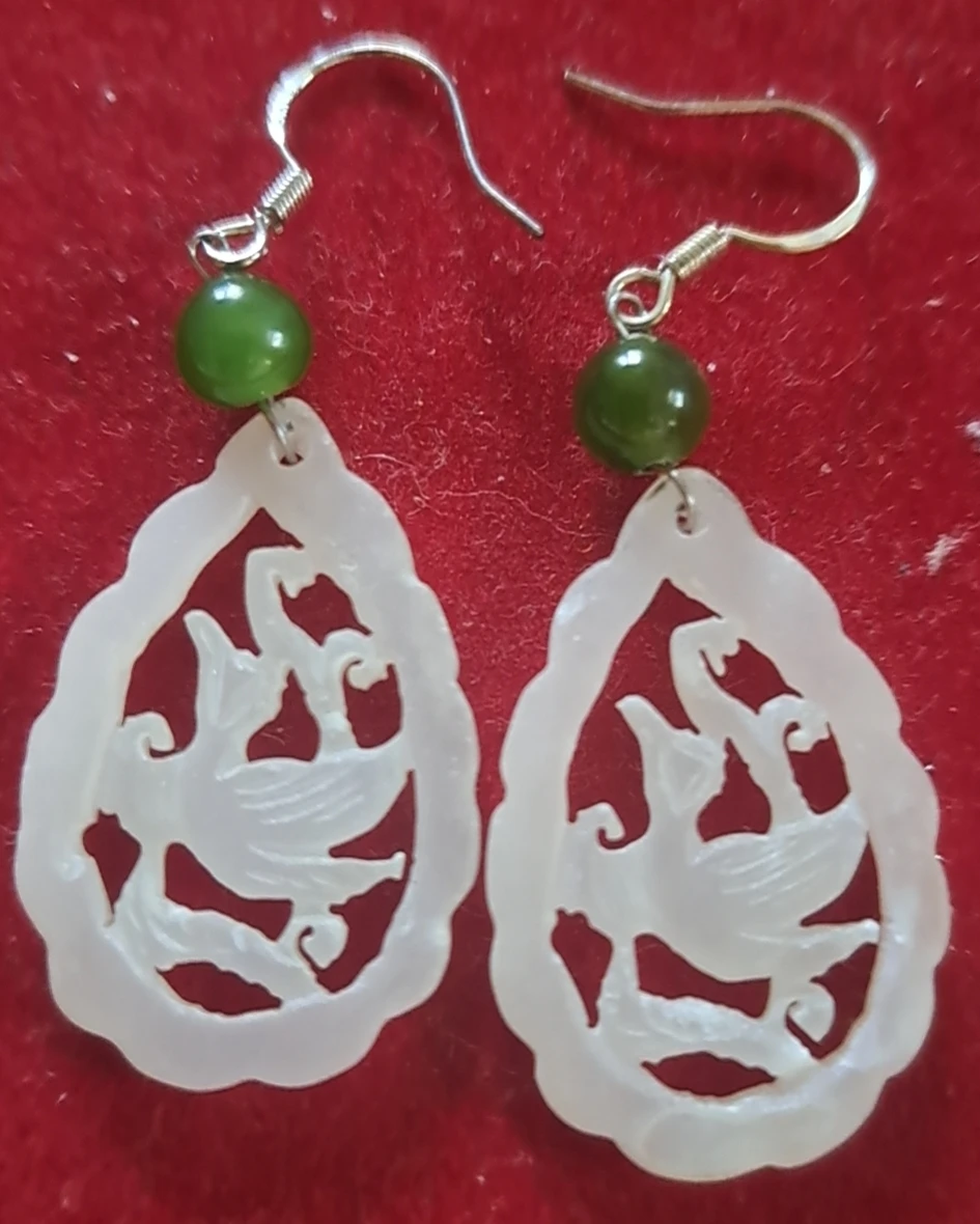 Carved White Jade and Green Stone Earrings
