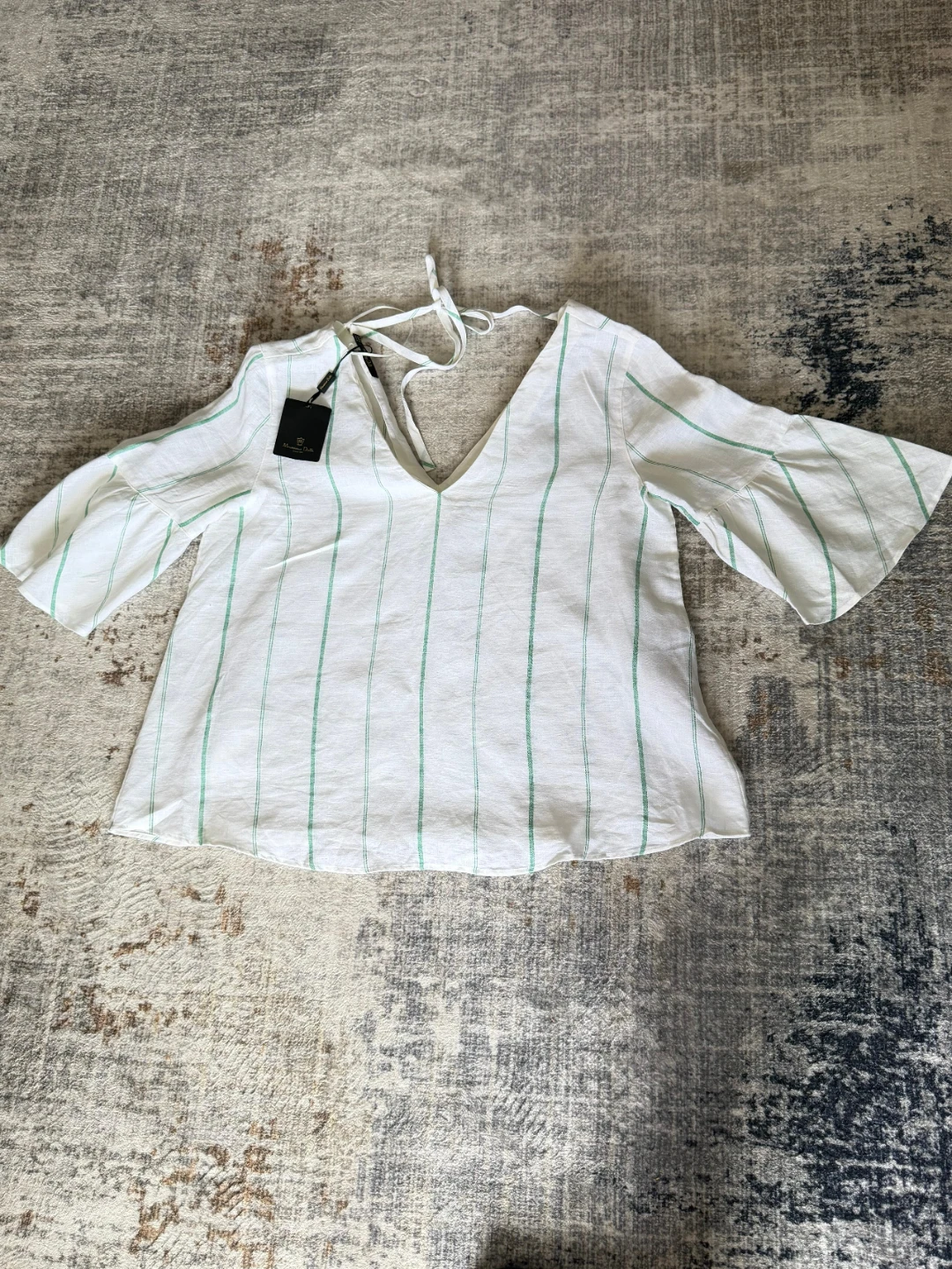 Massimo Dutti White & Green Striped Bell Sleeve Top