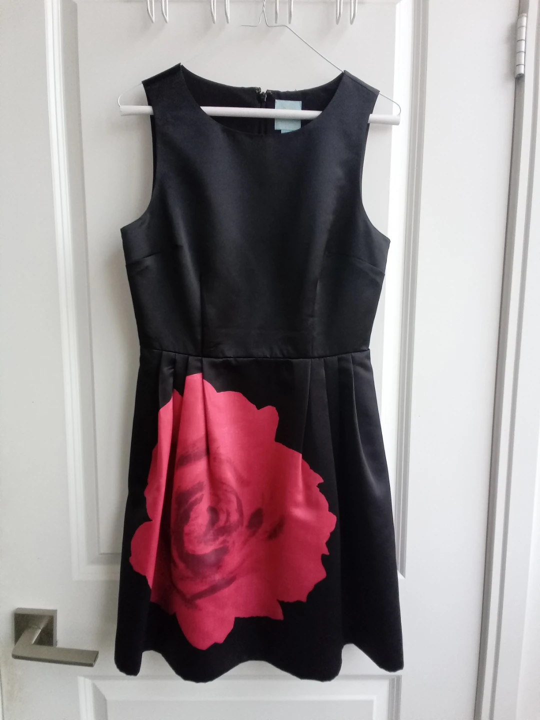 CeCe Black Satin Dress with Pink Rose Print - Size 4