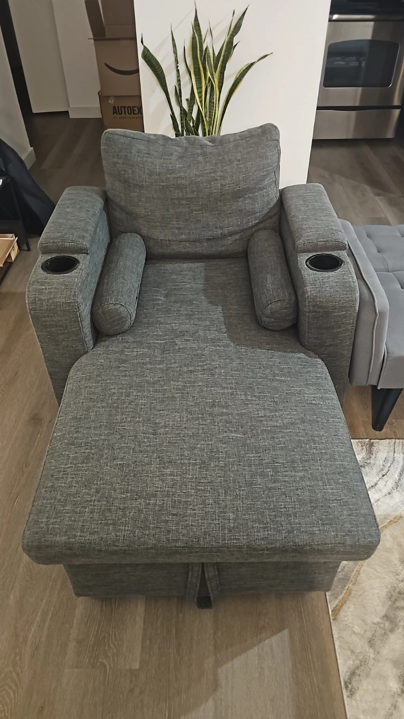 Gray Fabric Armchair with Storage and Cup Holders