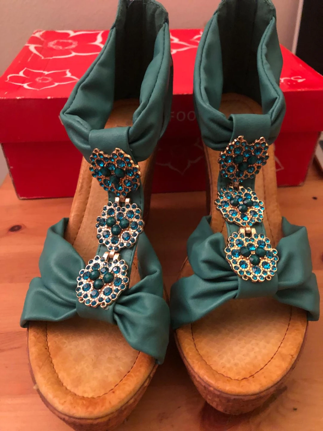 Teal Wedge Sandals with Embellishments