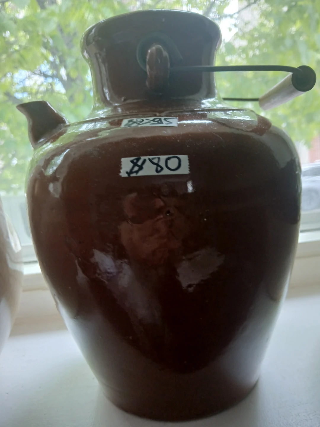 Brown Ceramic Jug with Spout and Wire Handle