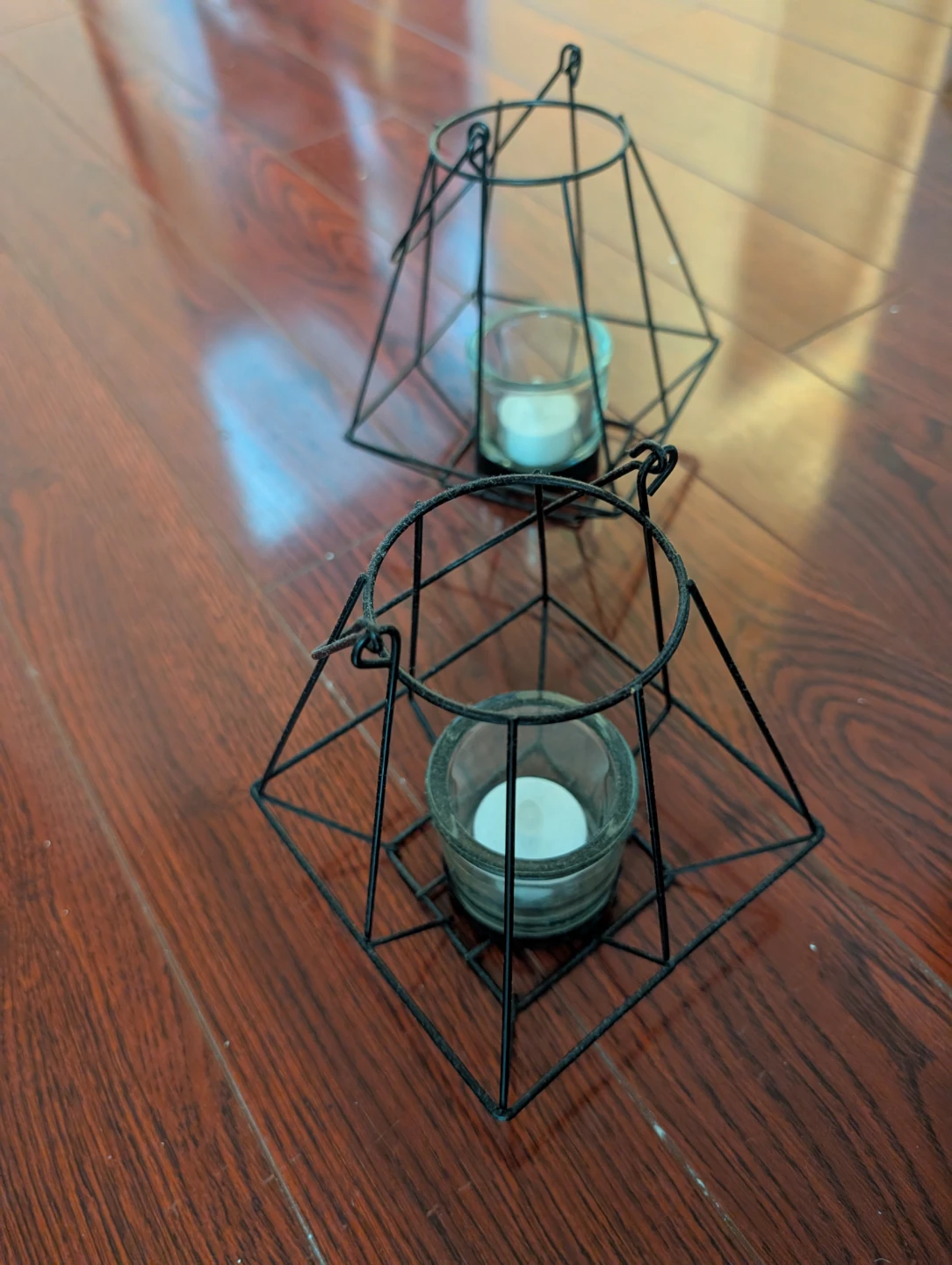 Set of 2 Black Geometric Wire Lanterns with Glass Holders