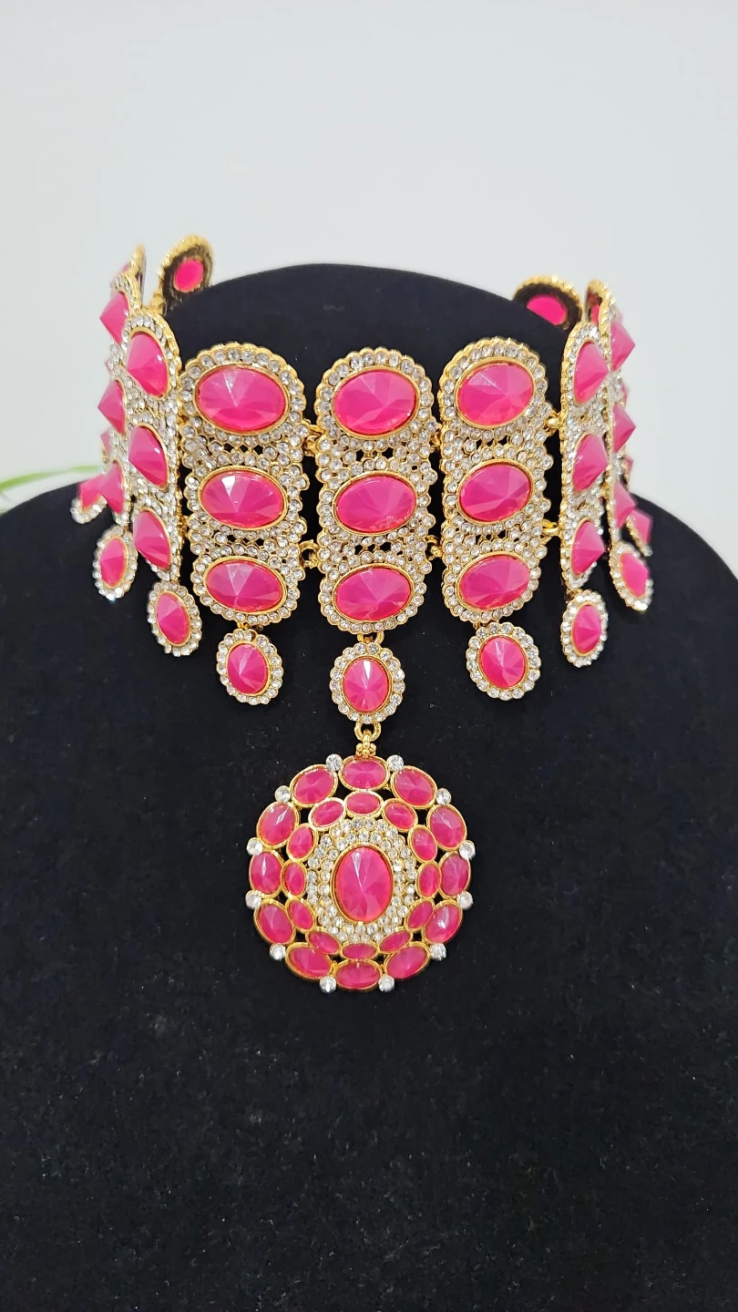 Pink and Gold Choker Necklace Set with Earrings - photo 2
