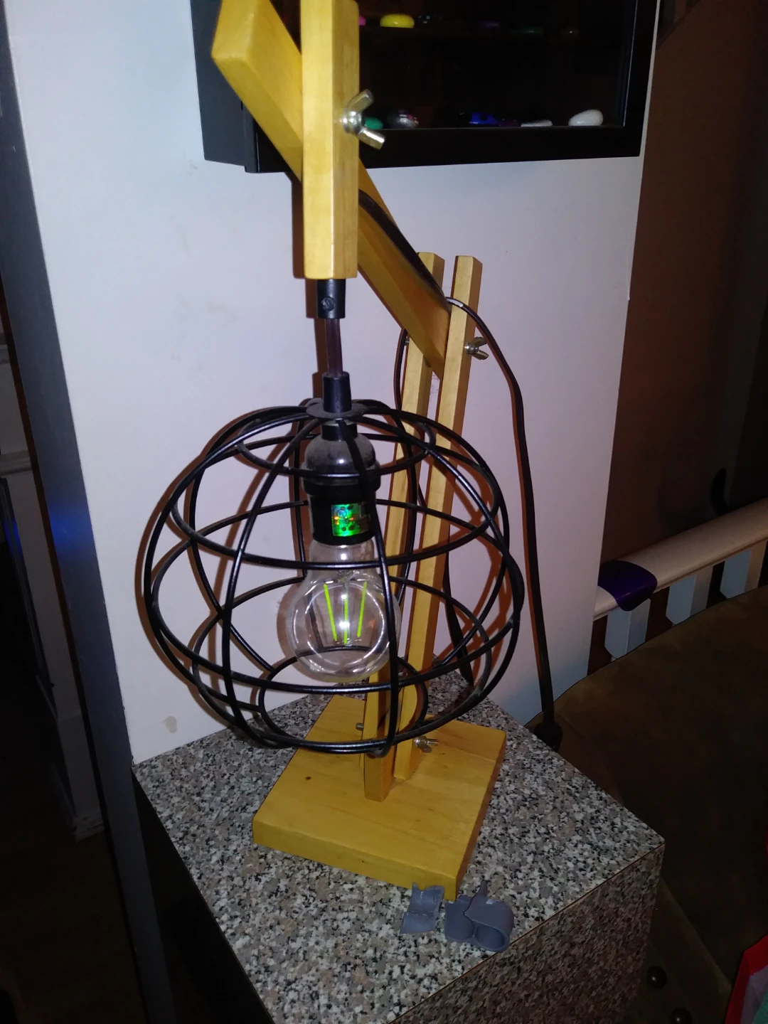 Wooden Desk Lamp with Black Metal Cage Shade