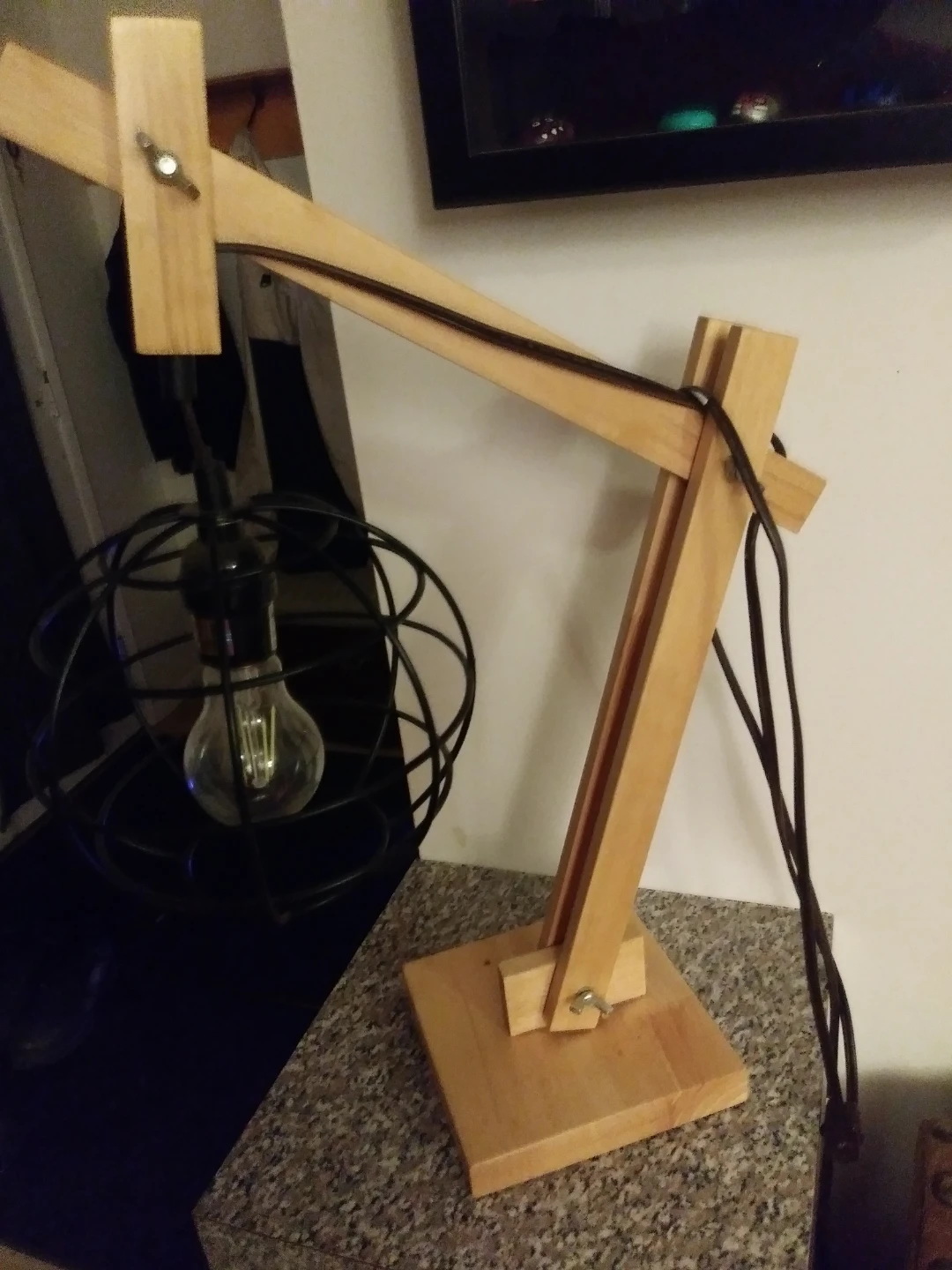 Wooden Desk Lamp with Black Metal Cage Shade - photo 3